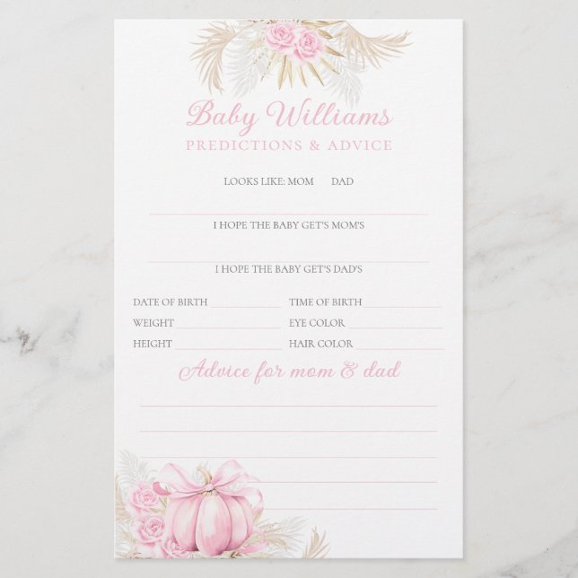 Rosa Pumpkin Girl Blommigt Bow Baby Shower Game (Framsida)