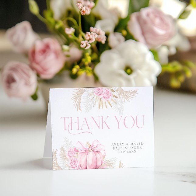 Rosa Pumpkin Girl Blommigt Bow Baby Shower Tack Kort (Skapare uppladdad)