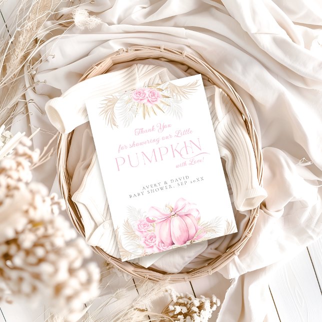 Rosa Pumpkin Girl Blommigt Bow Baby Shower Tack Kort (Skapare uppladdad)