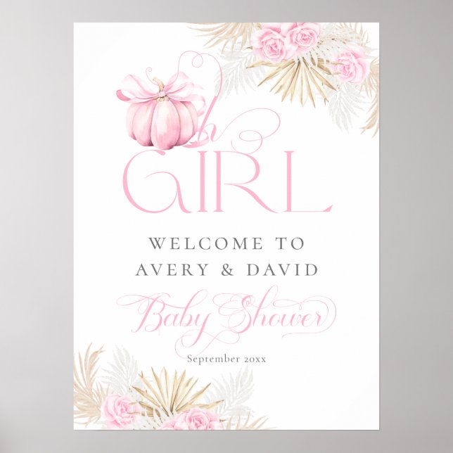 Rosa Pumpkin Girl Blommigt Bow Baby Shower Välkomm Poster (Framsidan)
