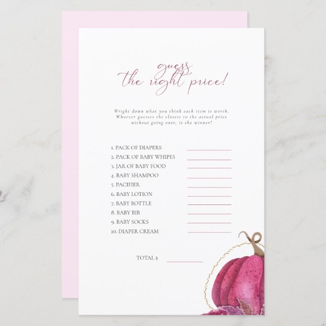 Rosa Pumpkin gissar att det Prisa babyvisningsspel (Fram/baksida)