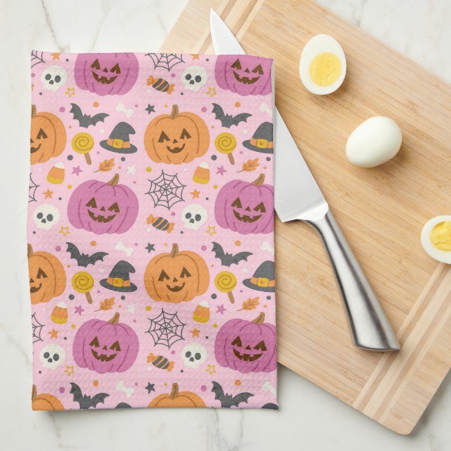 Rosa Pumpkin Halloween Mönster Kitchen Towel Kökshandduk (Vikt i Fjärdedel)