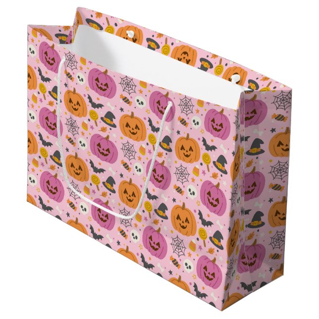 Rosa Pumpkin Halloween Mönster Large Gift Bag (Framsidan Vinklad)