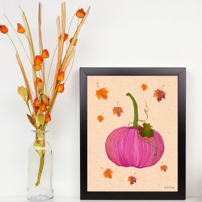 Rosa Pumpkin Höst löv Poster (Pretty Pink Pumpkin with fall leaves in watercolor.)