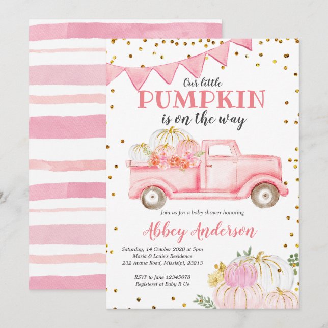 Rosa Pumpkin Lastbil Baby Shower-inbjudan för -fli Inbjudningar (Fram/baksida)