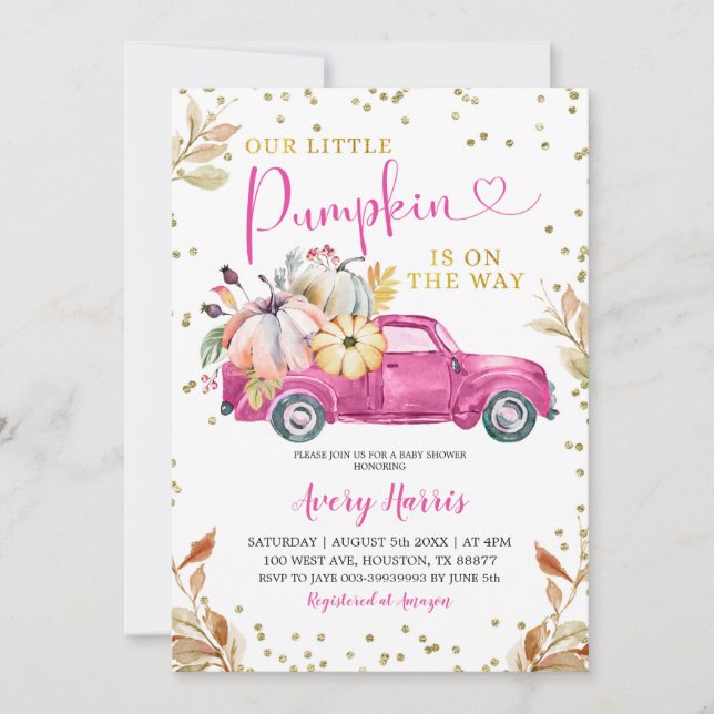 Rosa Pumpkin Lastbil Baby Shower-inbjudan Inbjudningar (Framsida)