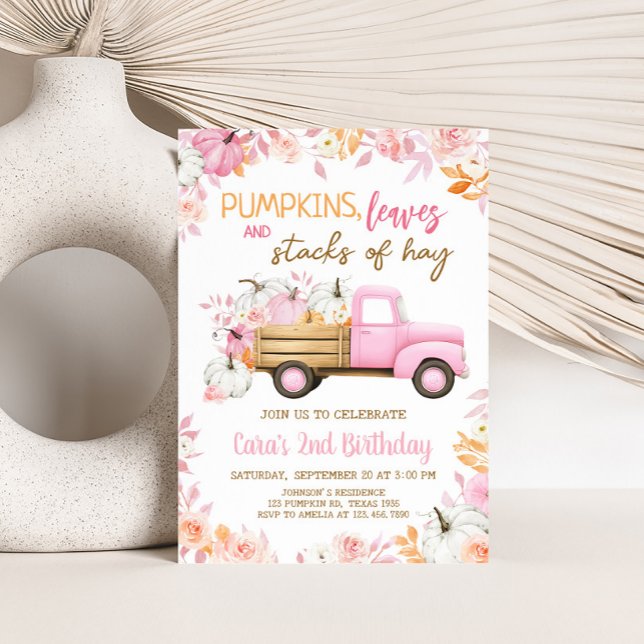 Rosa Pumpkin Lastbil Fall Birthday Inbjudningar (Girl Pumpkin Truck Fall Birthday Invitation)