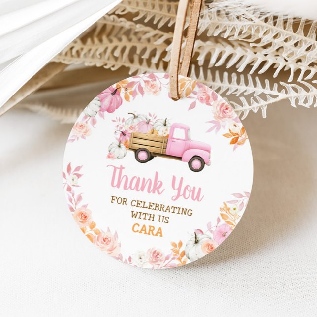Rosa Pumpkin Lastbil Fall Birthday Round Gåvor Etiketter (Girl Pumpkin Truck Fall Birthday Round Favor Tags)