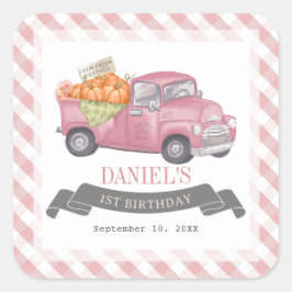 Rosa Pumpkin Lastbil Gingham Girl 1st Birthday Fyrkantigt Klistermärke