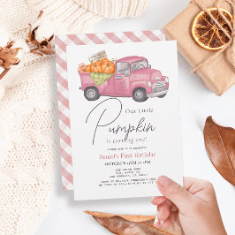 Rosa Pumpkin Lastbil Gingham Girl 1st Birthday Inbjudningar
