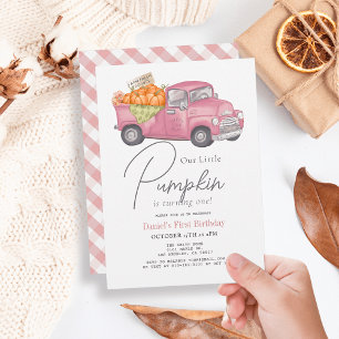 Rosa Pumpkin Lastbil Gingham Girl 1st Birthday Inbjudningar