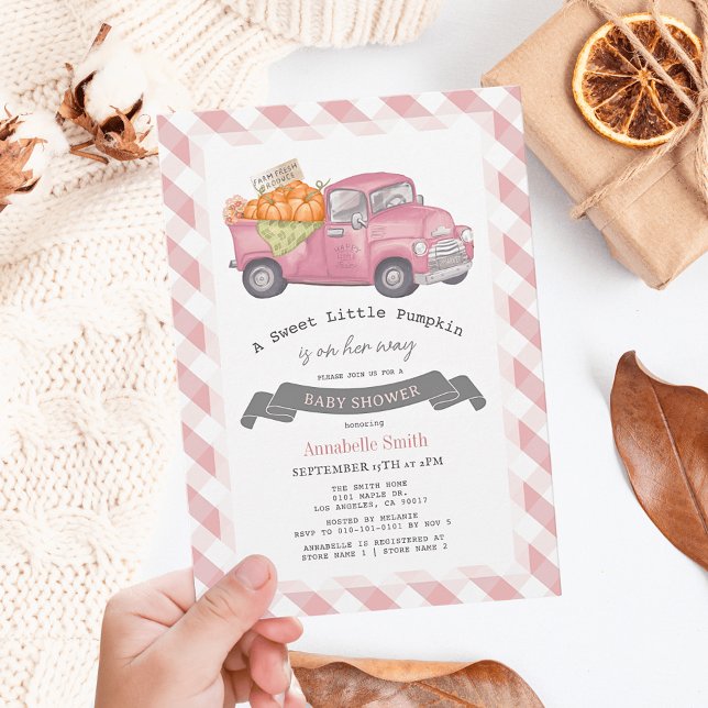 Rosa Pumpkin Lastbil Gingham Girl Baby Shower Inbjudningar (Skapare uppladdad)