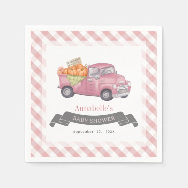 Rosa Pumpkin Lastbil Gingham Girl Baby Shower Pappersservett (Framsidan)
