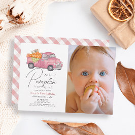 Rosa Pumpkin Lastbil Gingham Girl Photo 1st Birthd Inbjudningar