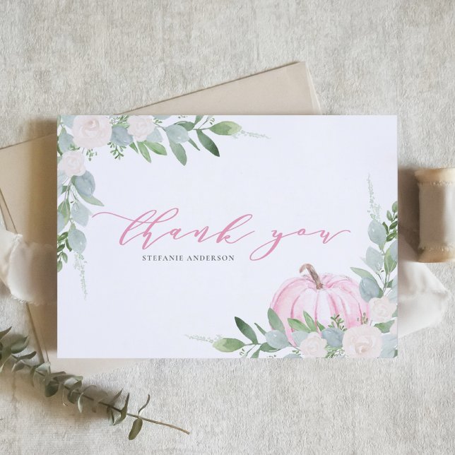 Rosa Pumpkin och Greenery Autumn Baby Shower Tack Kort (Skapare uppladdad)