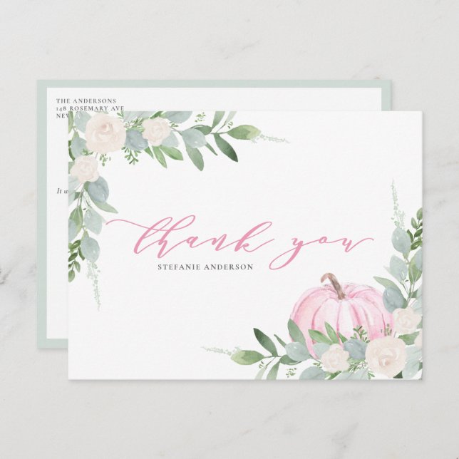 Rosa Pumpkin och Greenery Autumn Tack Vykort (Fram/baksida)