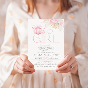 Rosa Pumpkin Oh Girl Blommigt Bow Baby Shower Inbjudningar