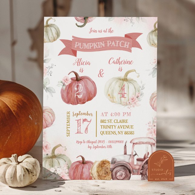 Rosa Pumpkin Patch Syskon Girls Joint Birthday Inbjudningar (Skapare uppladdad)