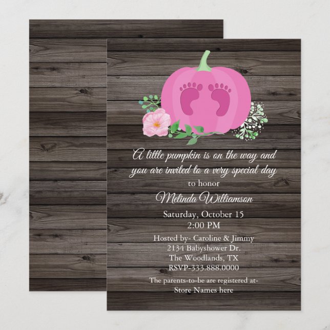 Rosa Pumpkin Rustic Wood Baby Shower-inbjudan Inbjudningar (Fram/baksida)