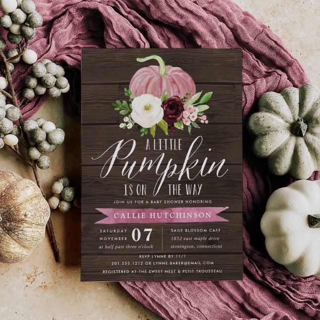 Rosa Pumpkin Rustic Wood Baby Shower Inbjudningar (Skapare uppladdad)