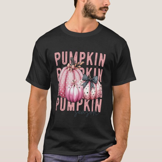 Rosa Pumpkin Season Polka Dot Bow Coquette Autumn T Shirt (Framsida)