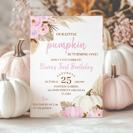 Rosa Pumpkin Turning One Birthday Call Inbjudningar