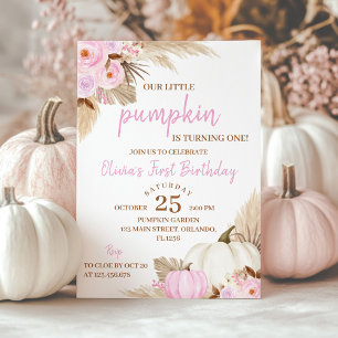 Rosa Pumpkin Turning One Birthday Call Inbjudningar