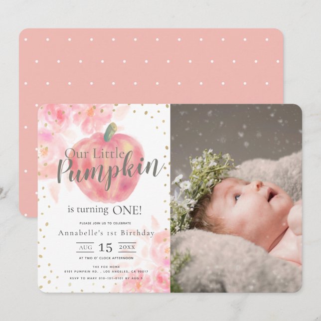 Rosa Pumpkin Watercolor Girl Photo 1st Birthday Inbjudningar (Fram/baksida)