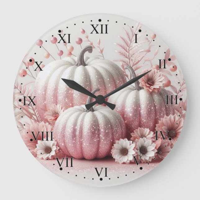 Rosa Pumpkins and Flowers with Roman Numerals Stor Klocka (Framsida)