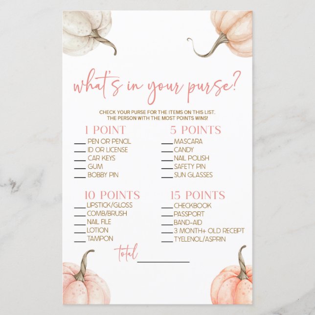 Rosa Pumpkins What's in Purse Baby Shower Game (Framsida)
