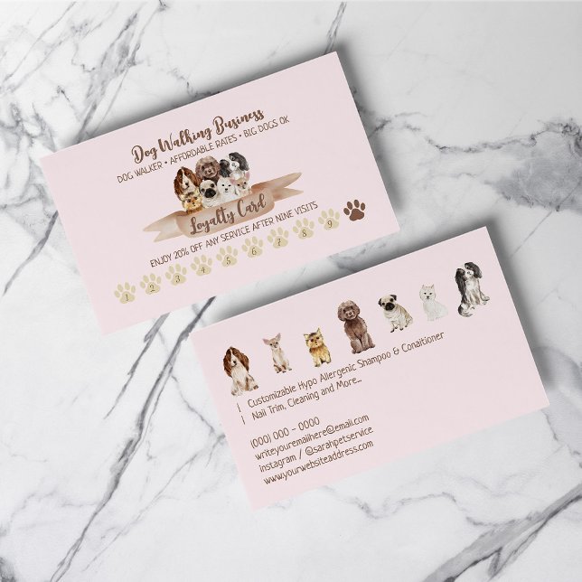 Rosa Punch Hundpromenad Lojalitetsrabatt Tass Visitkort (Pink Punch Dog Walker Loyalty Discount Paw Business Card)