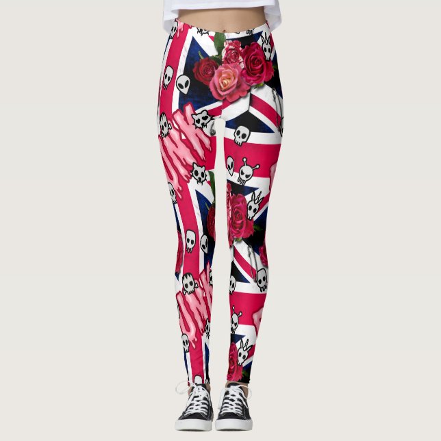 Rosa Punk Grunge Union Jack with Emojis and Ro Leggings (Framsida)