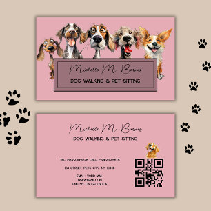 Rosa Puppy Dog Walker Sitter QR Code Modern Visitkort
