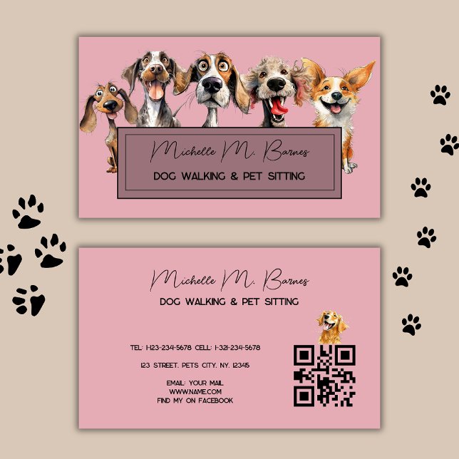  Rosa Puppy Dog Walker Sitter QR Code Modern Visitkort (Skapare uppladdad)