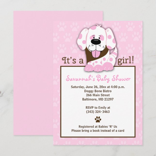 Rosa Puppy Hund Baby Shower-inbjudan Inbjudningar (Fram/baksida)