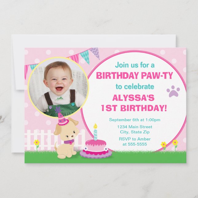 Rosa Puppy Hund Birthday-inbjudan 5 x 7-fotokort Inbjudningar (Framsida)