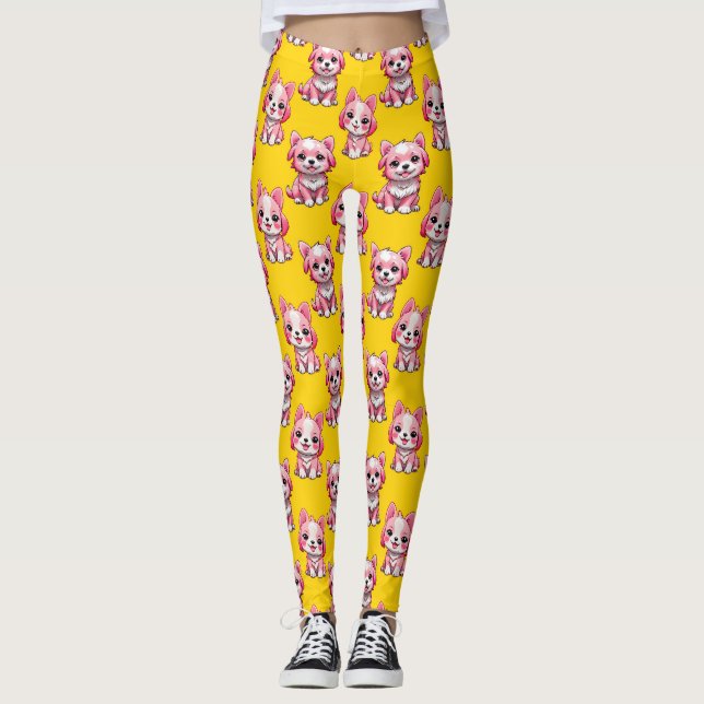 Rosa Puppy Hund Design - Gult Leggings (Framsida)
