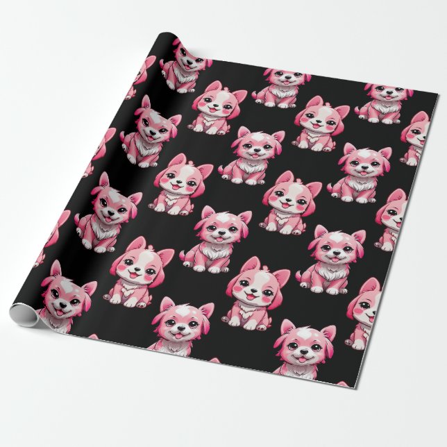 Rosa Puppy Hund Design - svart - svart Presentpapper (Utrullad)