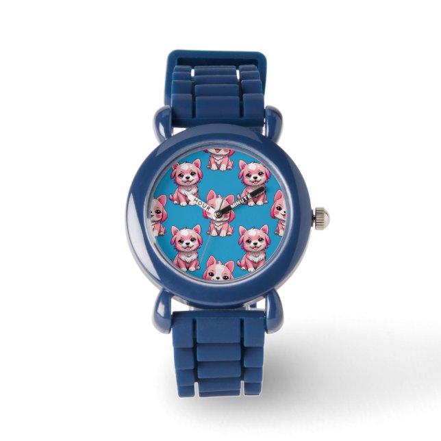 Rosa Puppy Hund Mönster Design - blå Armbandsur (Framsida)