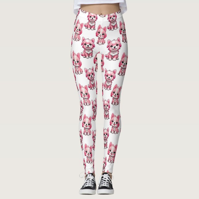 Rosa Puppy Hund Mönster Design - vit Leggings (Framsida)