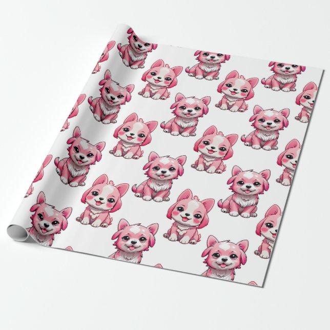 Rosa Puppy Hund Mönster Design - vit Presentpapper (Utrullad)