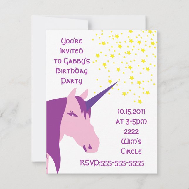 Rosa/purpurfärgad Unicornfödelsedaginbjudan Inbjudningar (Framsida)