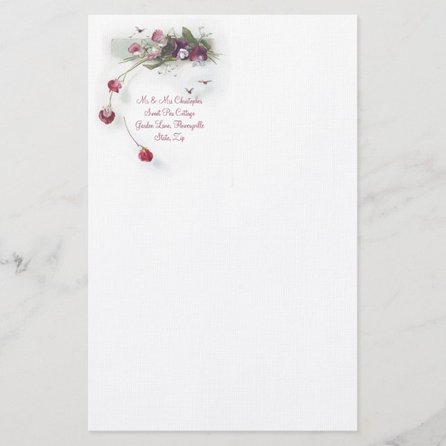 Rosa purpurfärgade söta ärtor brevpapper (Framsida)