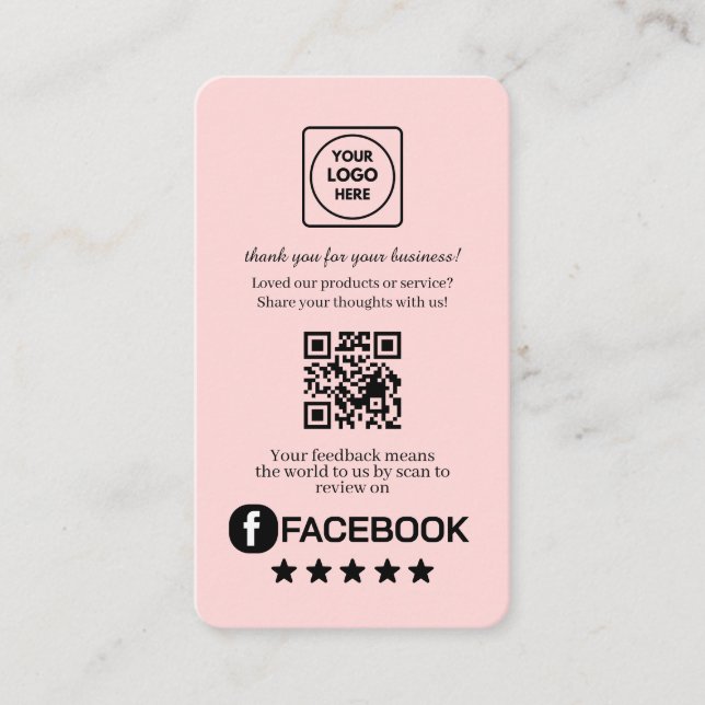 Rosa QR | Facebook Recensioner Anpassad Feedback-l Visitkort (Framsida)