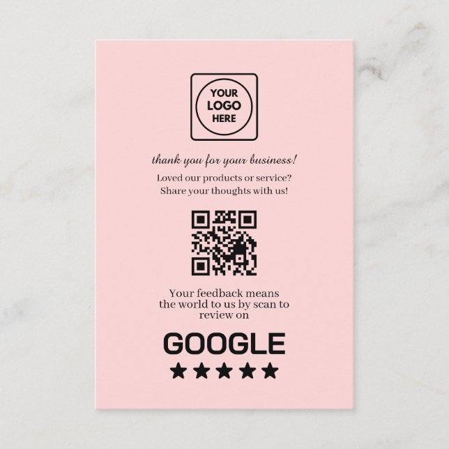 Rosa QR | Google Recension & Betyg Länk Tilläggskort (Framsida)