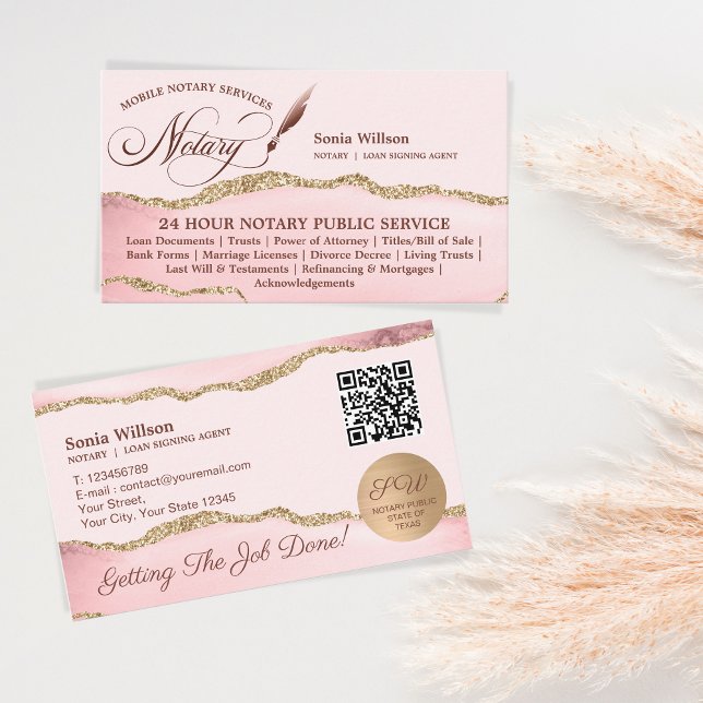 Rosa QR-kod för Mobile Notary & Loan Signing Agent Visitkort (Skapare uppladdad)