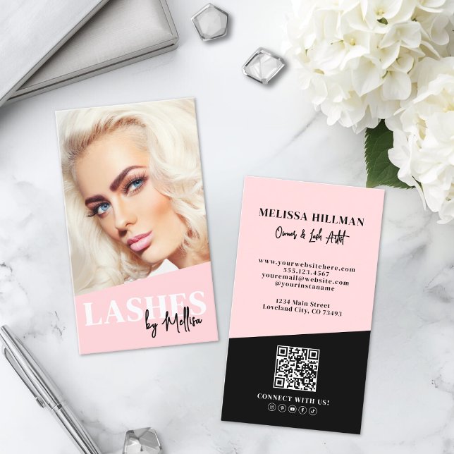 Rosa QR-kod Foto Fransar Vertikal Visitkort (Pink QR Code Photo Lashes Vertical Business Card )