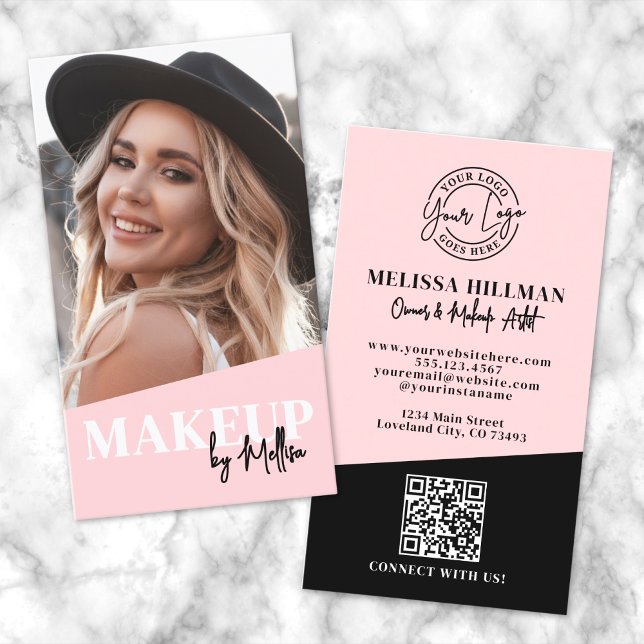 Rosa QR-kod Foto Logotyp Smink Vertikal Visitkort (Blush Pink QR Code Photo Logo Makeup Vertical Business Card)
