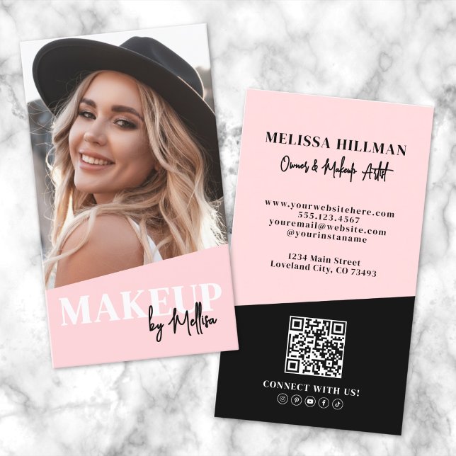 Rosa QR-kod Foto Makeup Vertikal Visitkort (Blush Pink QR Code Photo Makeup Vertical Business Card)