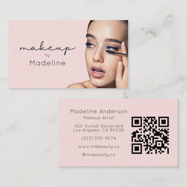 Rosa QR-kod Foto Makeup Visitkort (Fram/baksida)